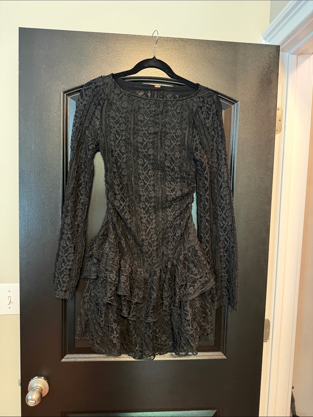 Free People Black Lace Long Sleeve Tiered Mini Dress